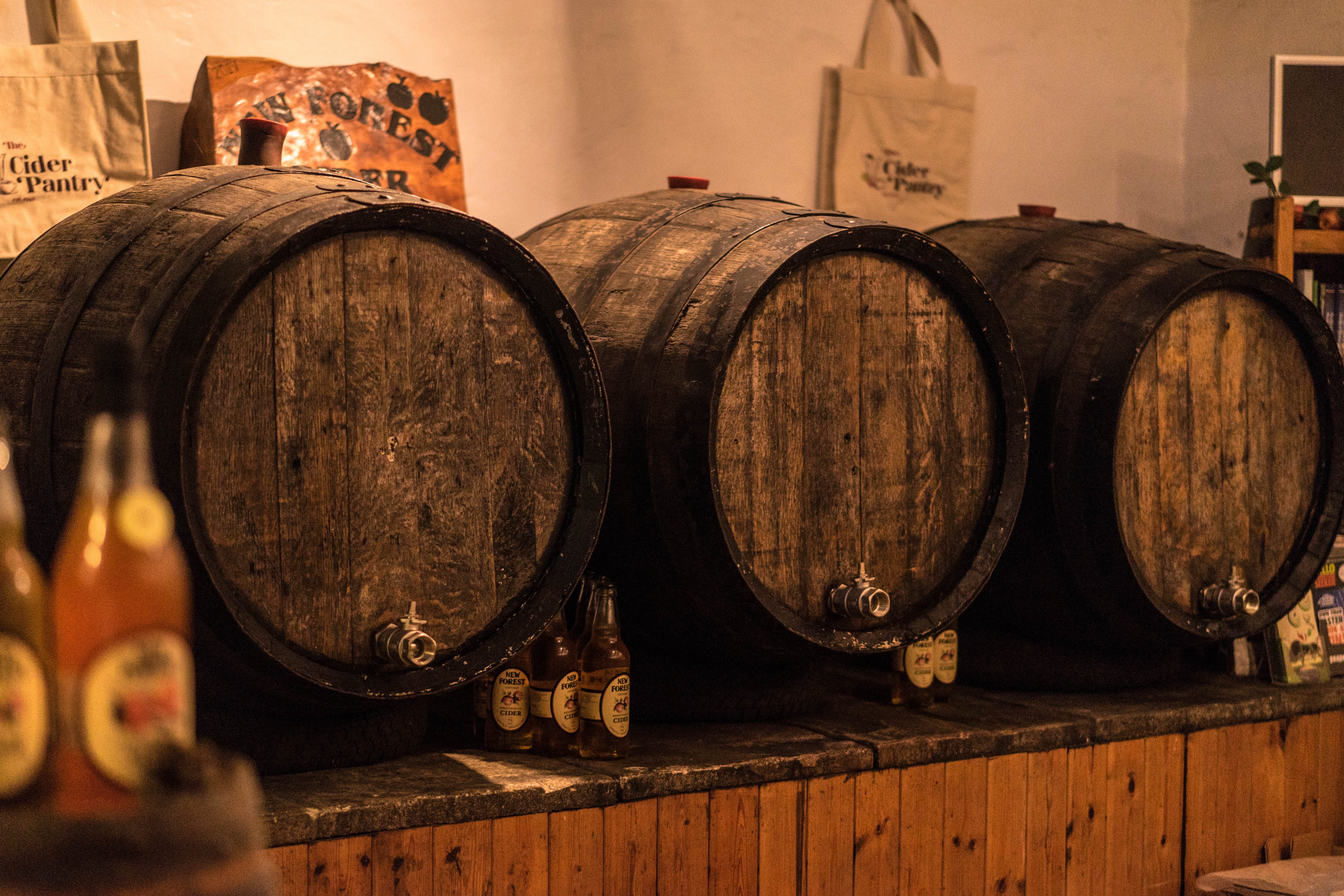 Wooden casks, such as these at New Forest Cider, remain a favorite way to age hard cider.