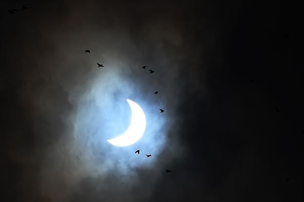 Birds fly past a partial solar eclipse in Alconbury, England. 