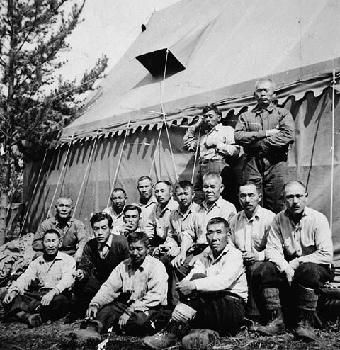 A road crew of interned Japanese-Canadian men at Yellowhead Pass, British Columbia.