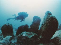 A diver passes by rock formations 