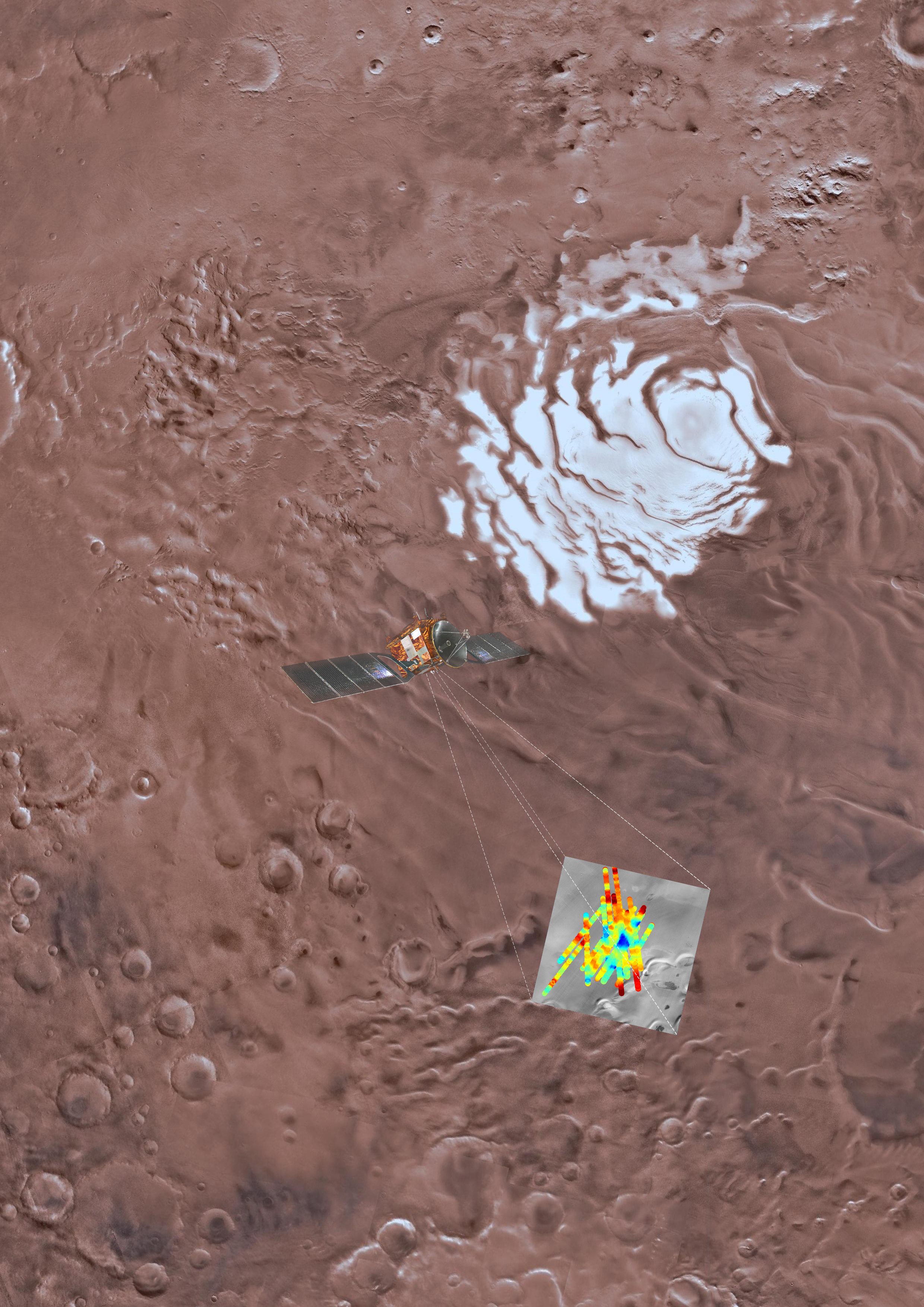 Artistic impression of the Mars Express spacecraft probing Mars and of Planum Australe.