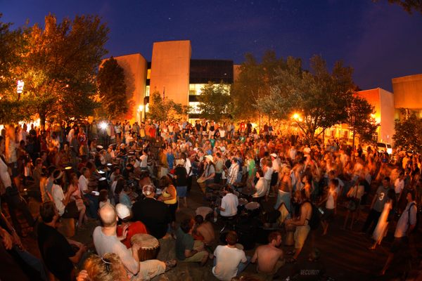 Asheville's weekly drum circle in Pritchard Park.