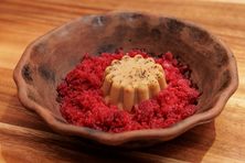 For dessert, the nicautole, a pre-Hispanic corn-thickened gelée, accompanied by a prickly pear granita. 