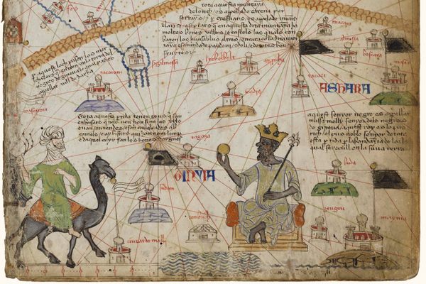 An illuminated atlas depicts Mansa Musa, emperor of Mali from 1312 to 1337, widely known for his vast vast wealth in the form of gold deposits.