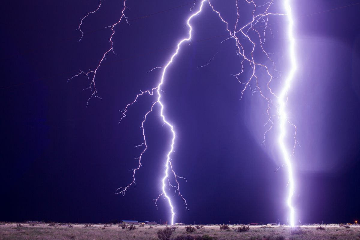 Upward streamers from a close lightning strike in southwestern New Mexico.