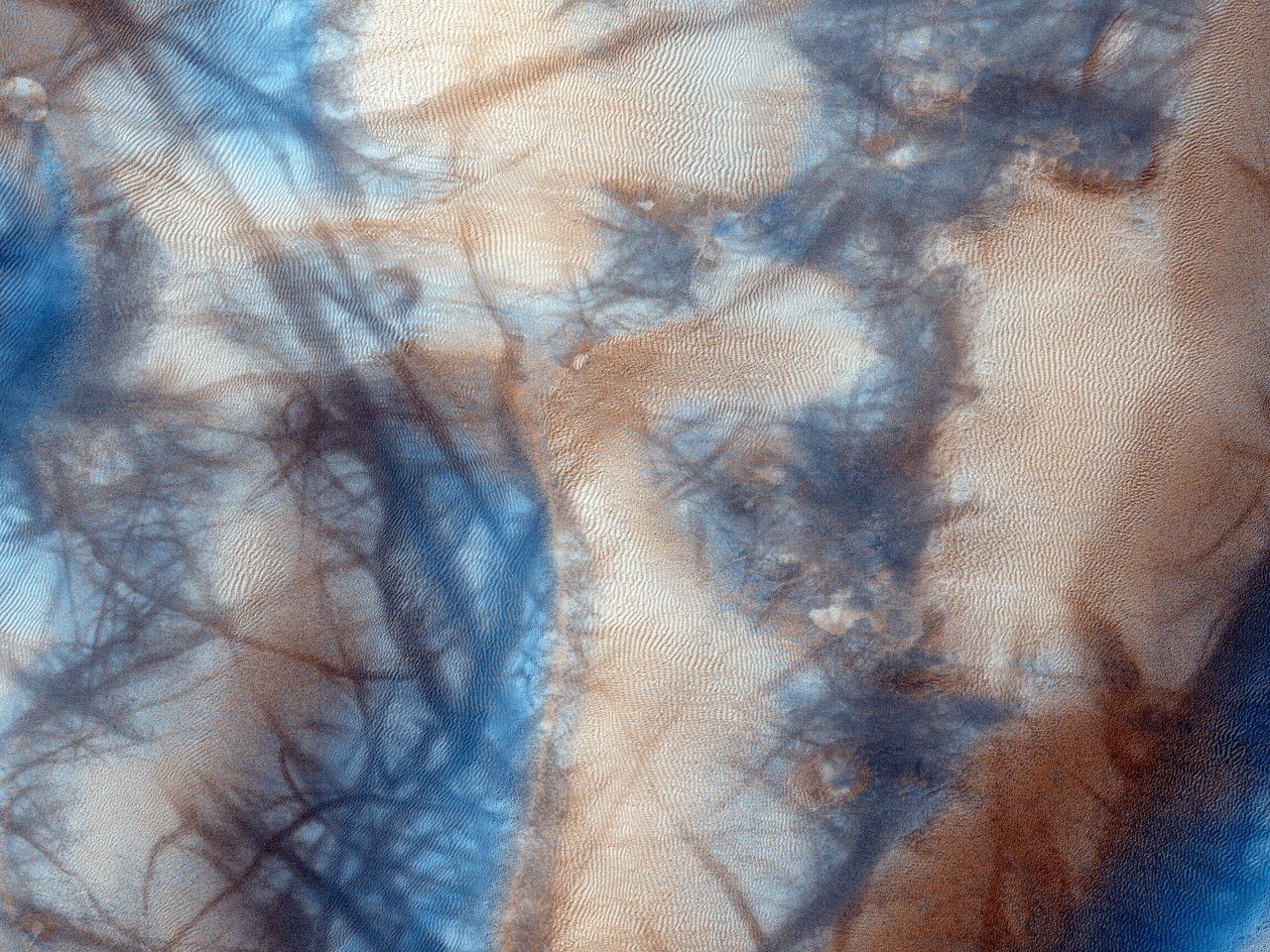 Dark dust devil trails crisscross frigid dunes and gullies in the southern highlands of Mars.