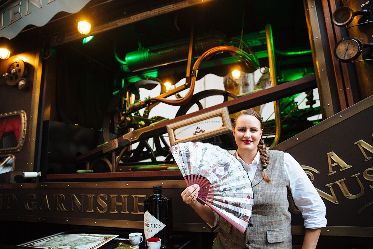 A cooling moment for one of the minders of the Hendrick's Gin Grand Garnisher.