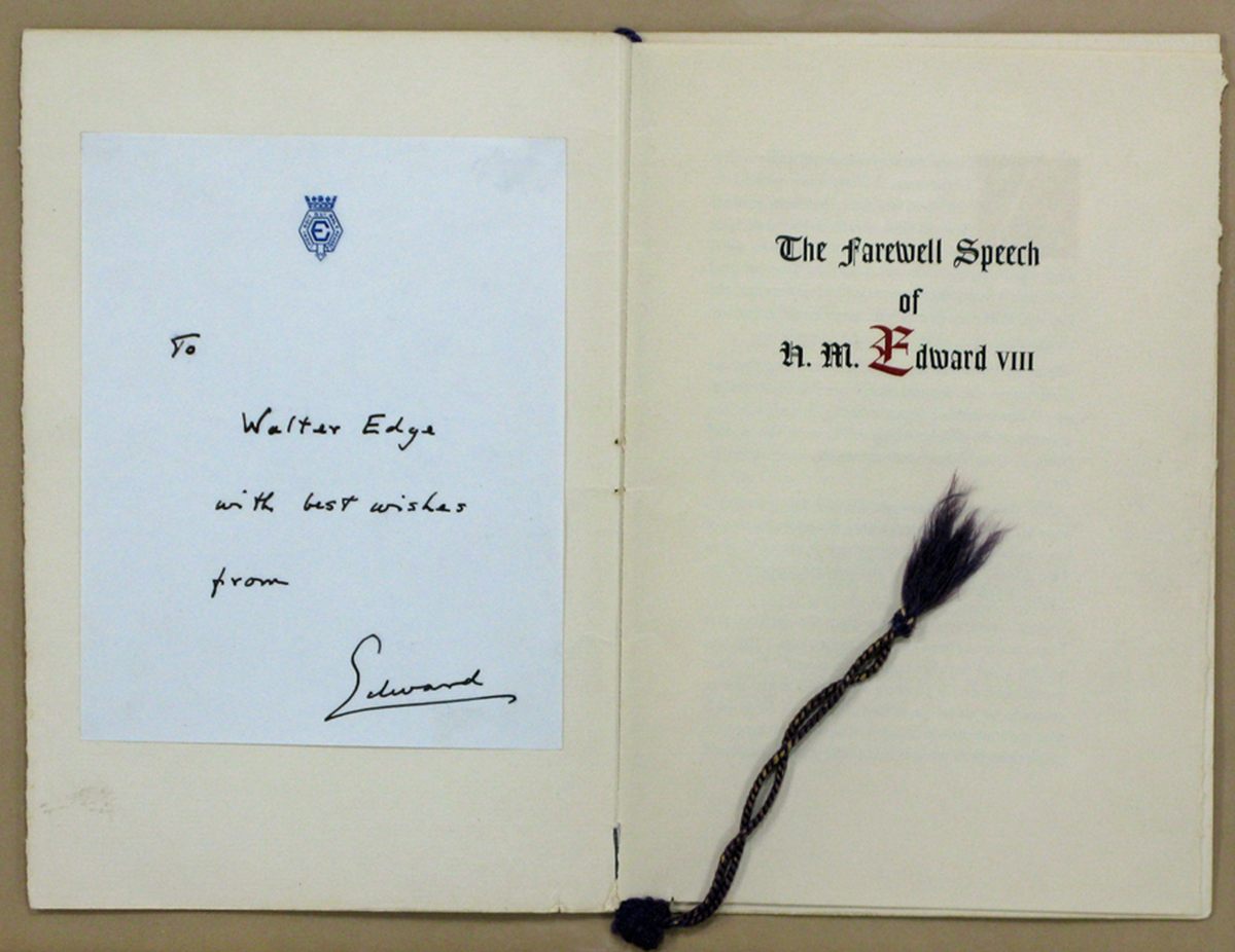 The cover page and dedication of the copy the abdication speech up for auction.