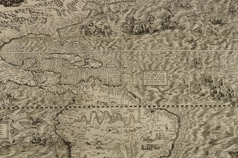 The middle section of Americae sive quartae orbis partis nova et exactissima description, or The Americas, or A New and Precise Description of the Fourth Part of the World.