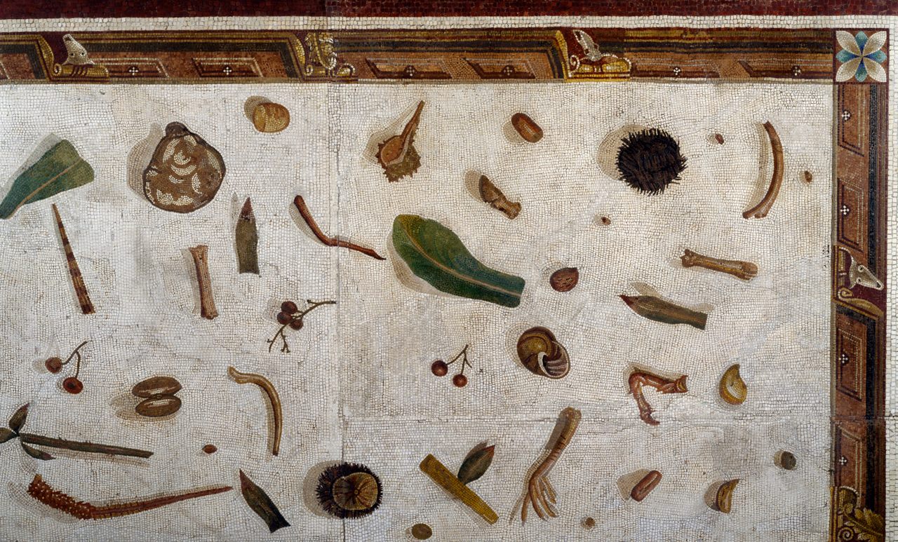 A close up of the Profane Museum's "unswept room" mosaic in the Vatican.
