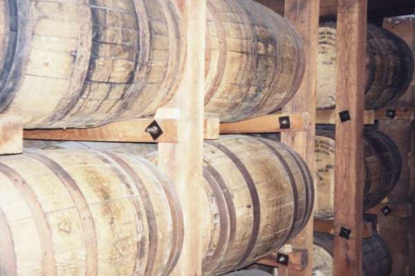 Whiskey barrels in the distillery.