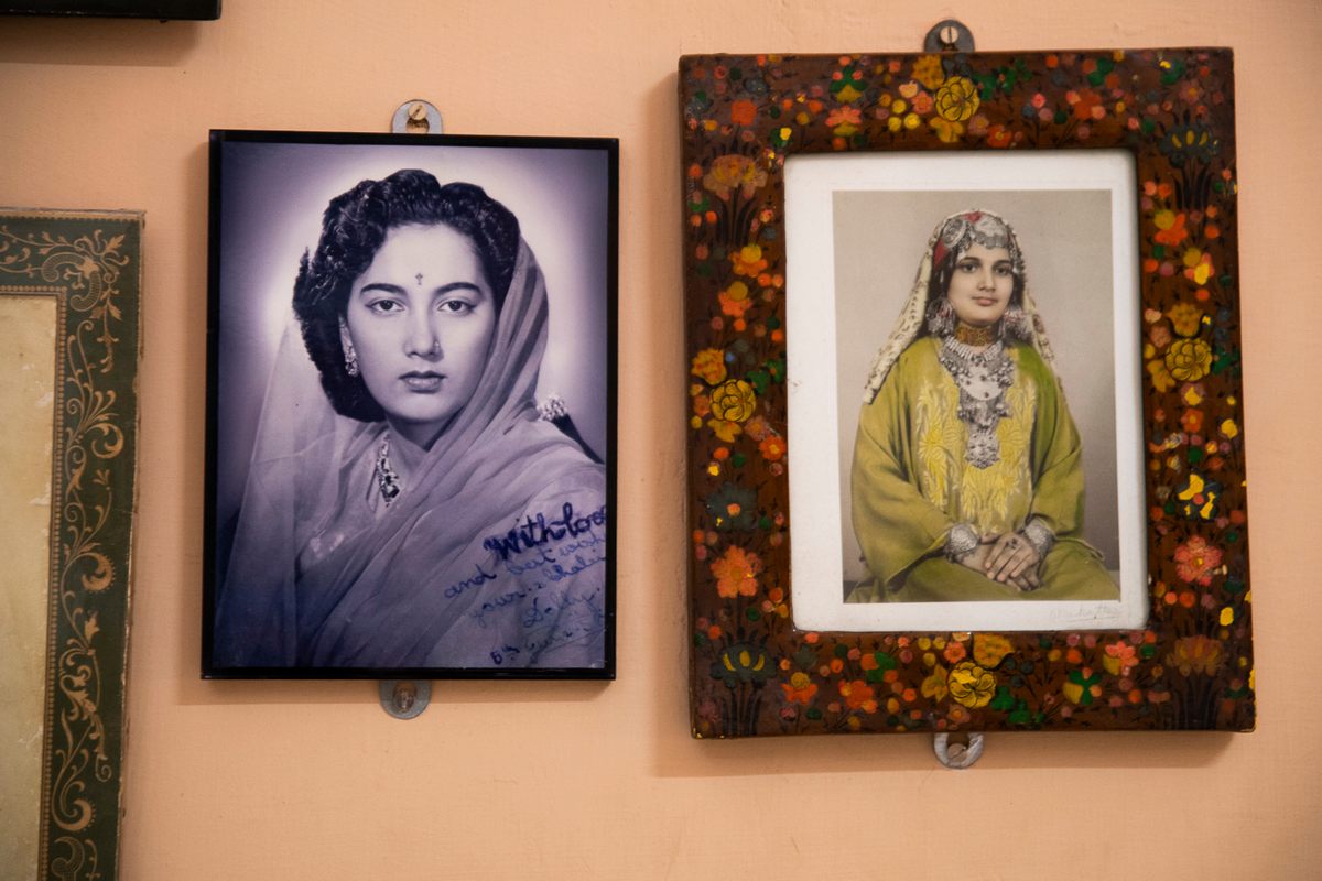 These portraits in Vijay Palace, Rajpipla, show Manvendra’s aunt, the Queen Mother of Jaisalmer (left) and his sister, Princess Minaxi Devi (right).