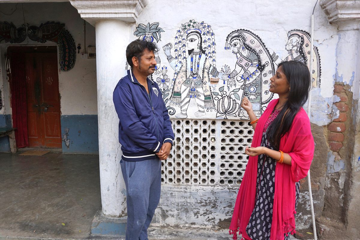 Mahalaxmi and Shantanu Das, partners in art and life, have collaborated on several feminist pieces—an unusual arrangement among Mithila painters. The husband-and-wife team have been working together since 2012.