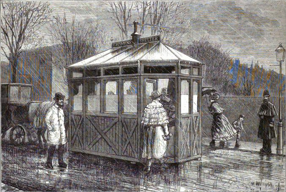 A depiction of the cabmen's shelter from the <em>Illustrated London News</em>, February 20, 1875.