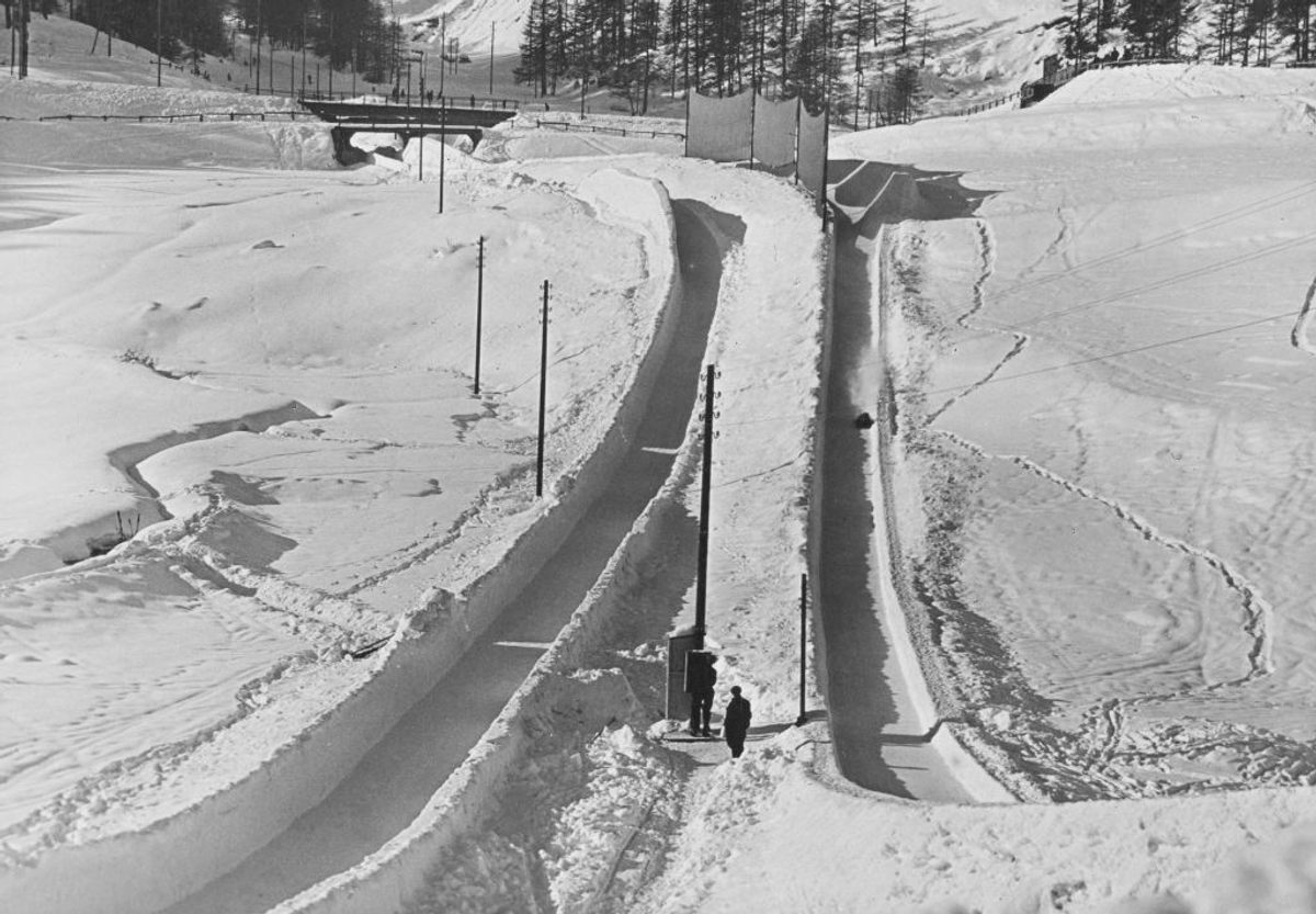 The Cresta Run is more or less the birthplace of the modern sliding events. Here it is being prepared for the 1948 Olympic skeleton competition. The event would not return to the Olympics until 2002.