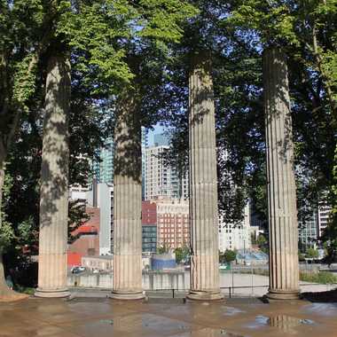 The namesake pillars of Seattle's Plymouth Pillars Park.