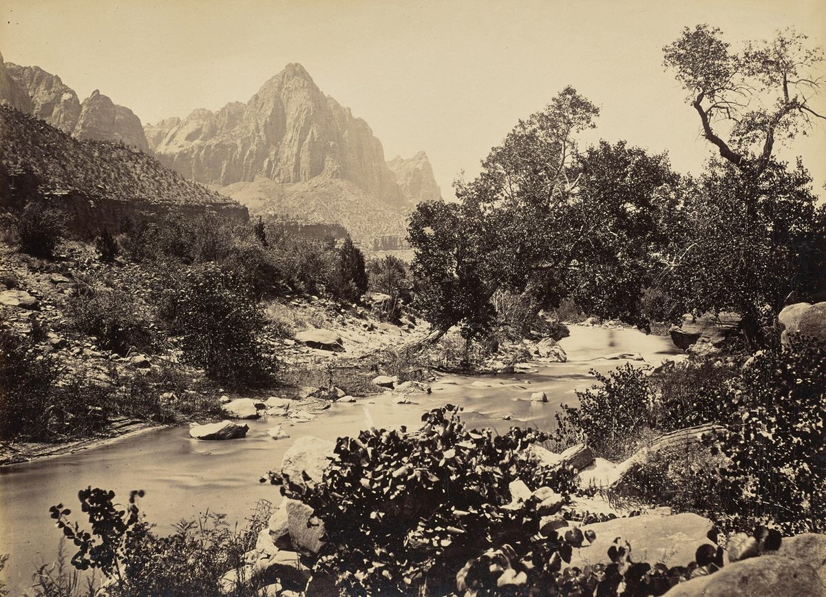 Zion's Peak, Rio Virgen, in what is now Zion National Park in Utah, John K. Hillers, 1873.