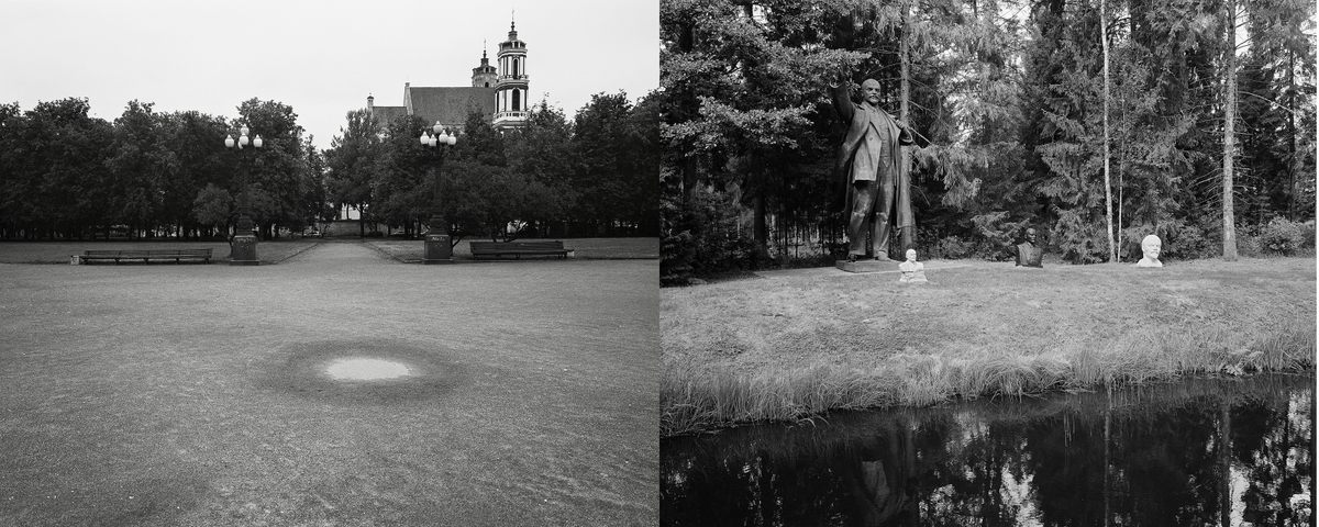 <em>Lenin: Vilnius & Grutas Park, Lithuania</em> (2014/2019): “This cityscape was taken in Vilnius, the capital of Lithuania, across the street from the former KGB building, where people were once tortured and which is now a museum. The puddle you see, which I consider to be a gift from the photo gods, is where the statue of Lenin stood. Several years later I found that statue displayed in Lithuania’s Grutas Park.”