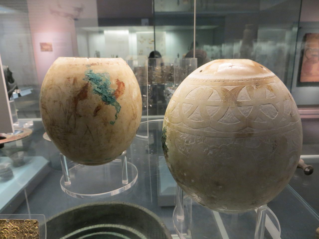 Two decorated ostrich eggs in the British Museum, from the so-called Isis Tomb from Italy's ancient Etruria.