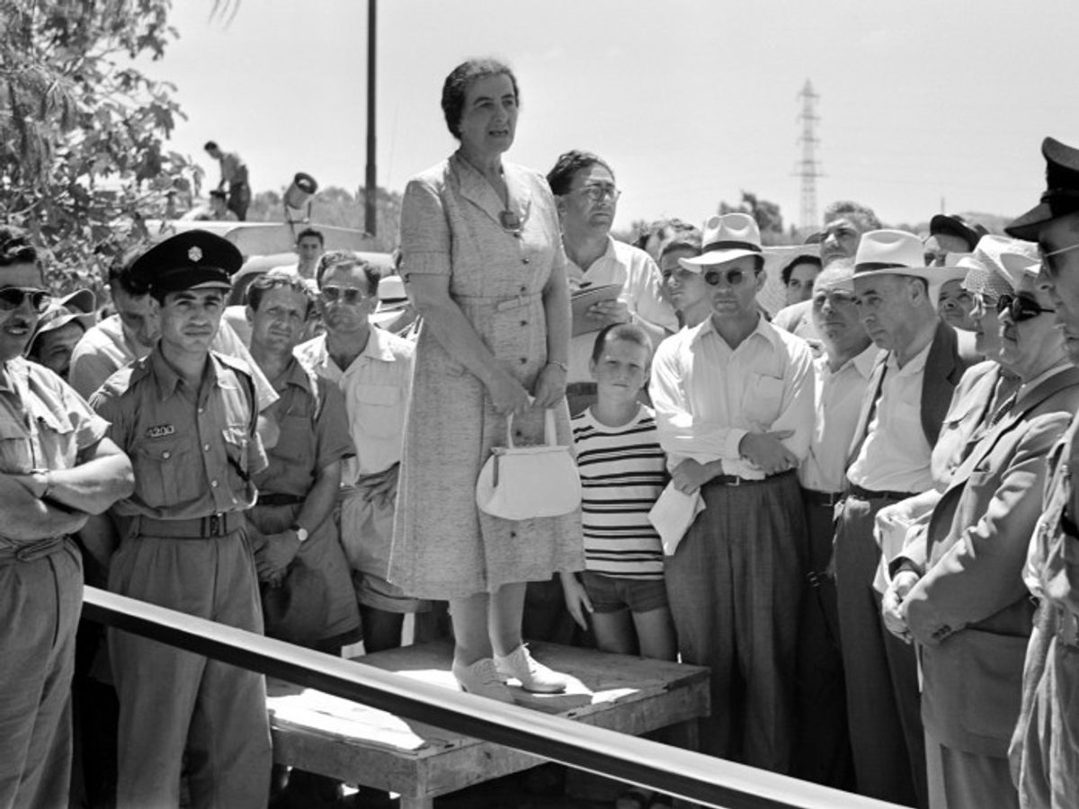 Golda Meir speaking at the opening of the Tel Aviv-Netanya road in 1950.