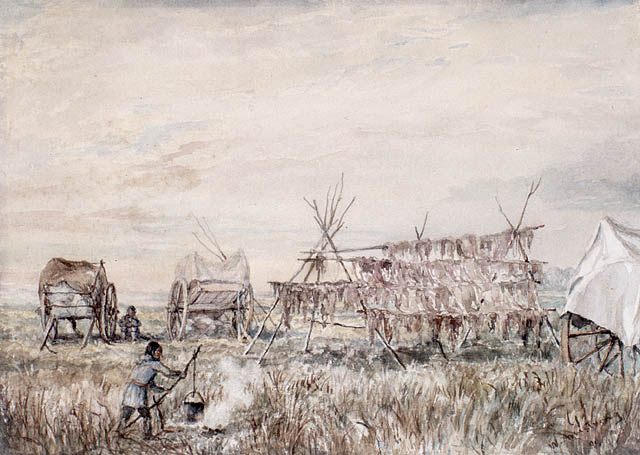 An 1899 painting depicting a Métis camp drying bison meat.