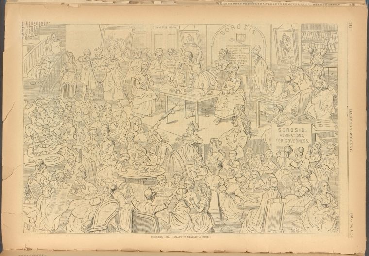 A 19th-century magazine caricature of a Sorosis meeting.