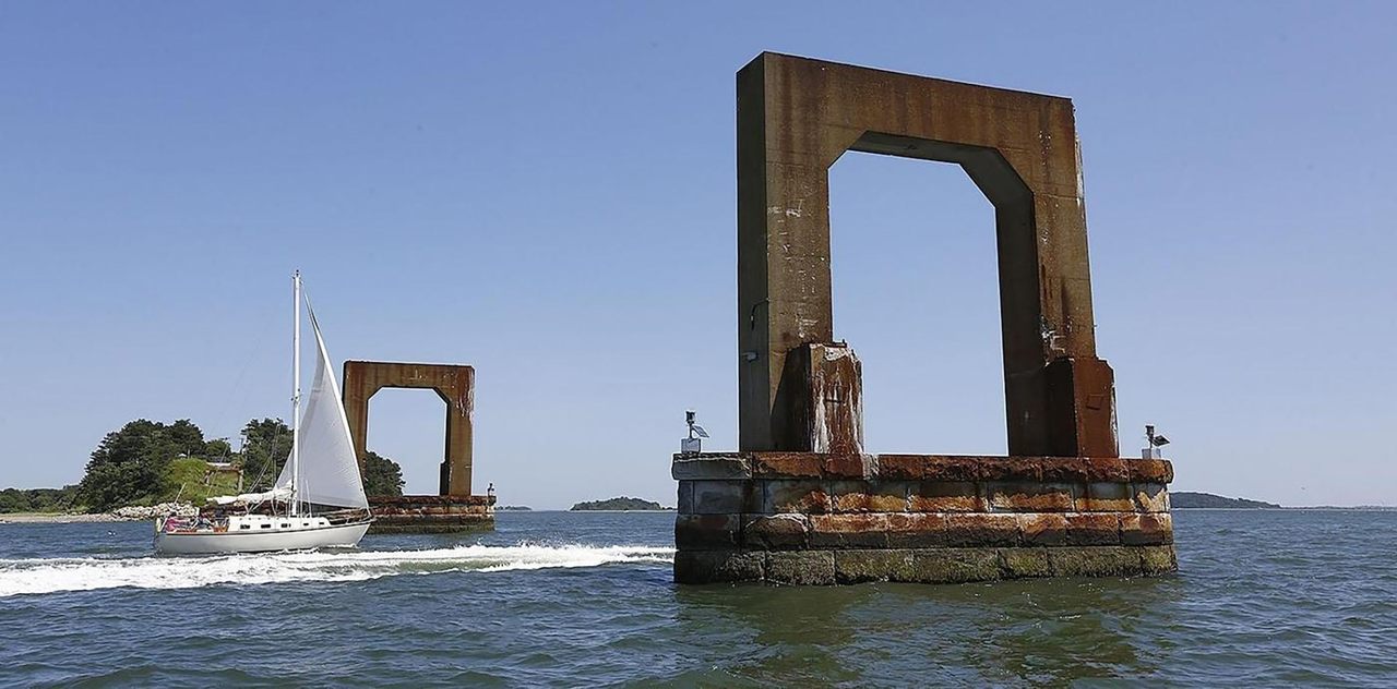 The remnants of the Long Island Viaduct, which once connected the harbor island to the mainland via neighboring Moon Island.