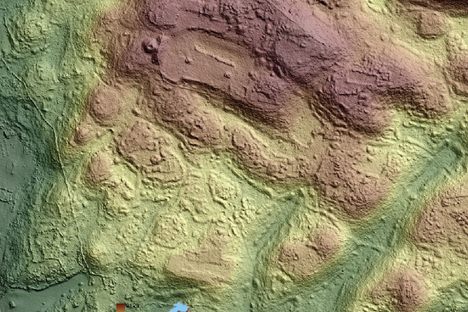 The ancient settlement of Angamuco in Mexico as visualized by lidar, which reveals topography and ruins (at top) obscured by the dense jungle.