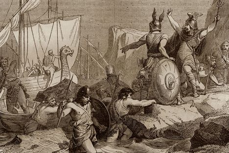 Vikings arriving on the coast of Frisia, roughly 810 A.D.