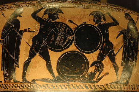 Detail from a sixth-century B.C. water vessel in the Louvre shows soldiers fighting. 