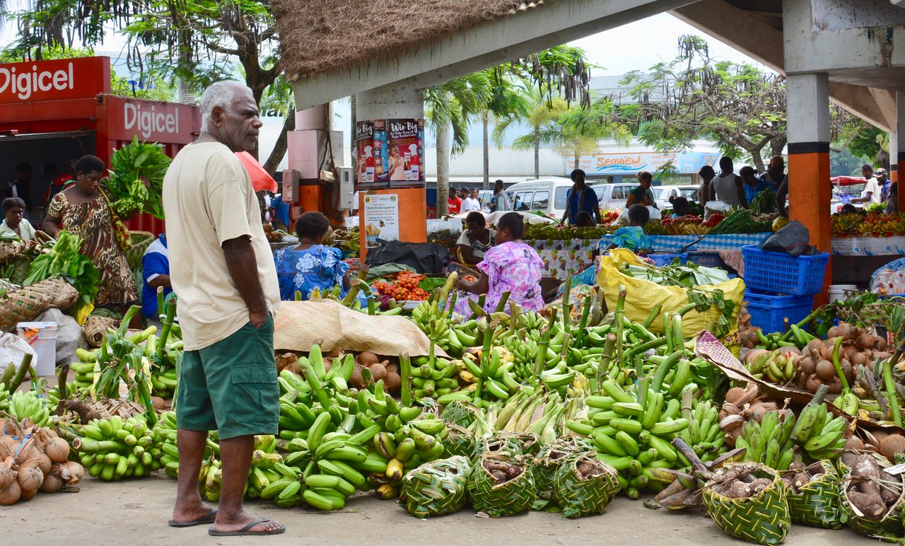 Bananas are still a staple of Vanuatu residents' diets. These are for sale at a busy market in Port Vila.