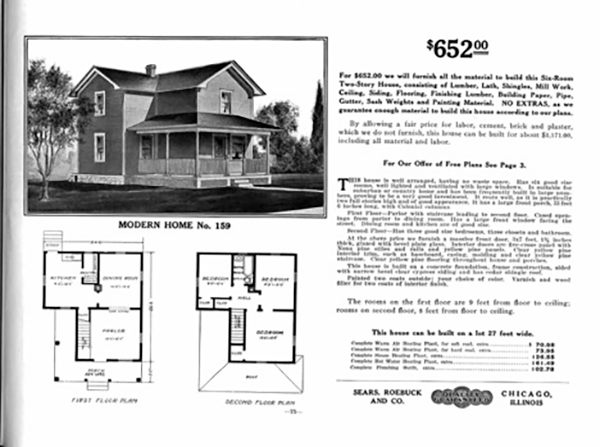 Sears Modern Home from the 1912 catalog. Note that there is only one bathroom, split between two bedrooms.