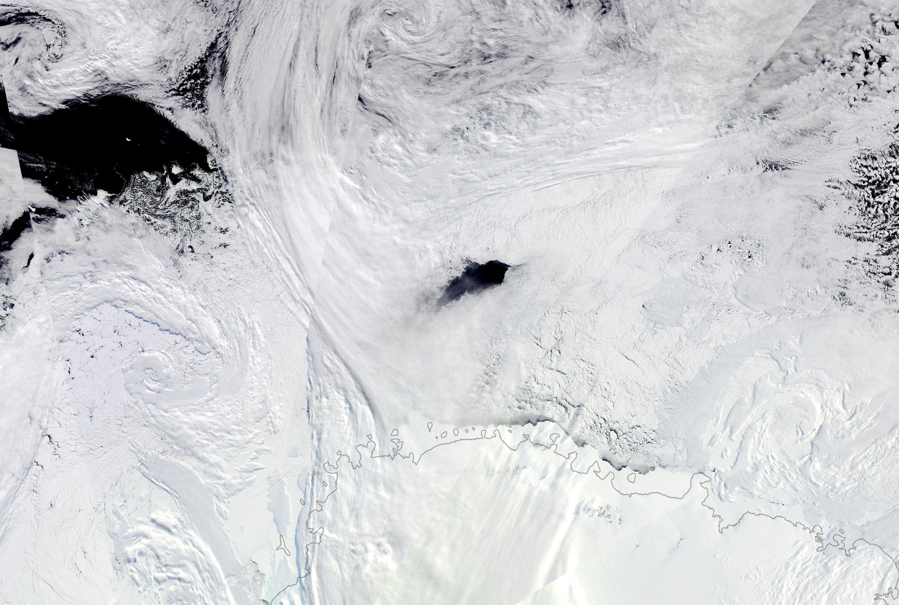 This satellite image of the polynya near Maud Rise (center) was captured in September 2017.