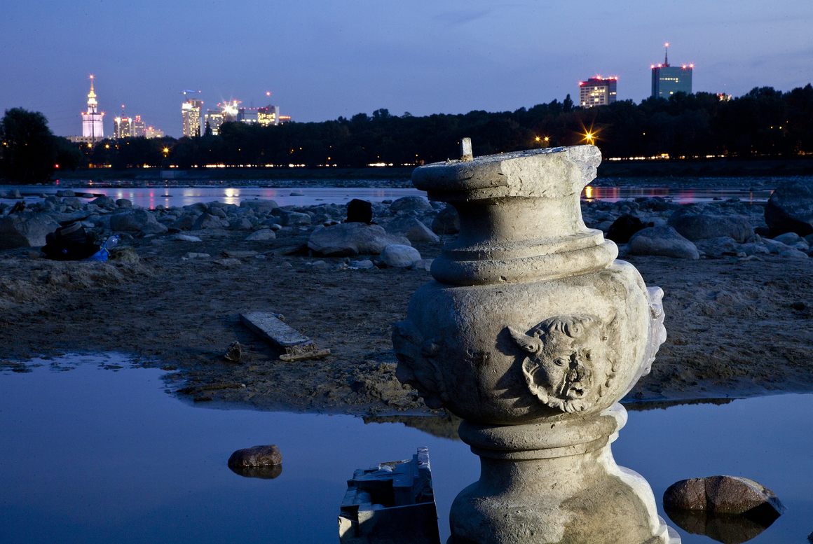 Just recovered 17th century garden fountain against the Warsaw skyline