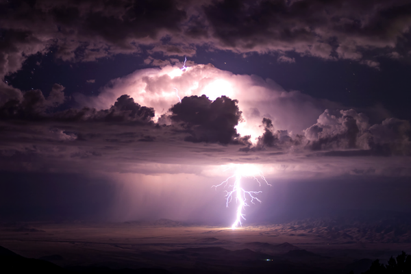 This lightning flash with an upward branch, observed south of Langmuir Laboratory, helped researchers understand the mechanisms by which lightning can escape clouds.