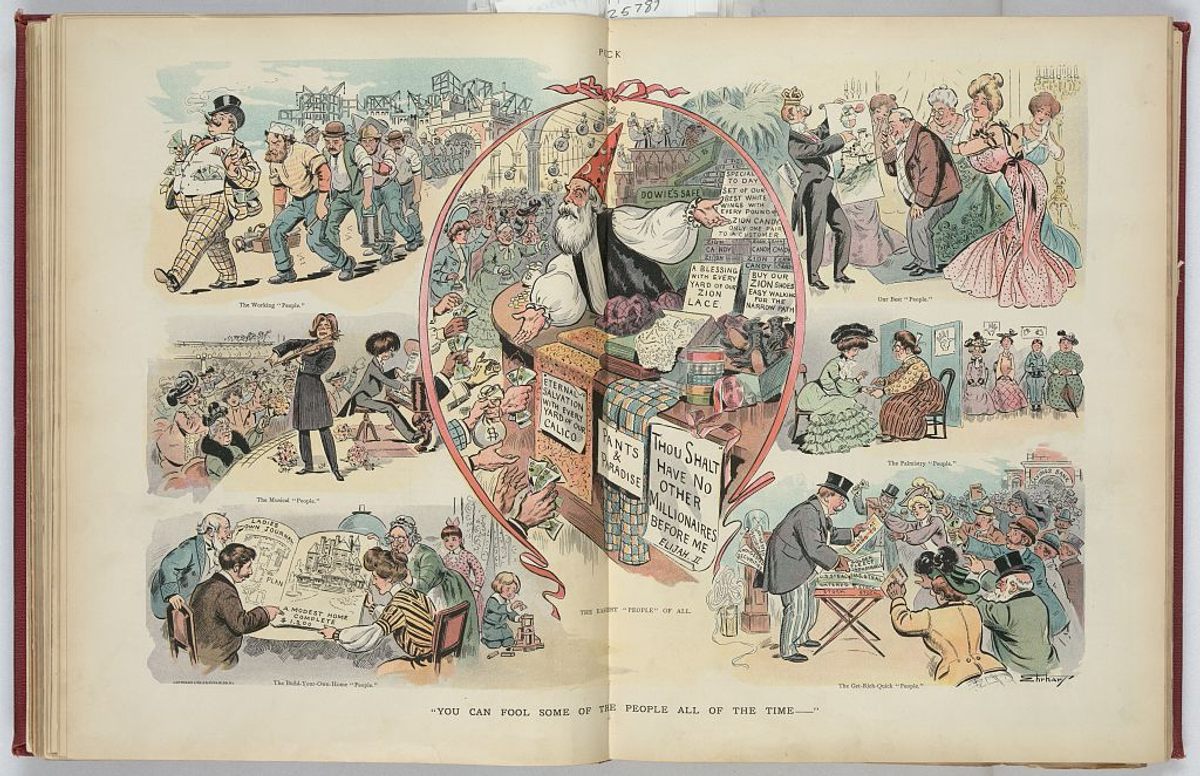 A cartoon from a 1903 issue of <em>Puck</em>, showing John Dowie as a wizard offering salvation and receiving bags of money.