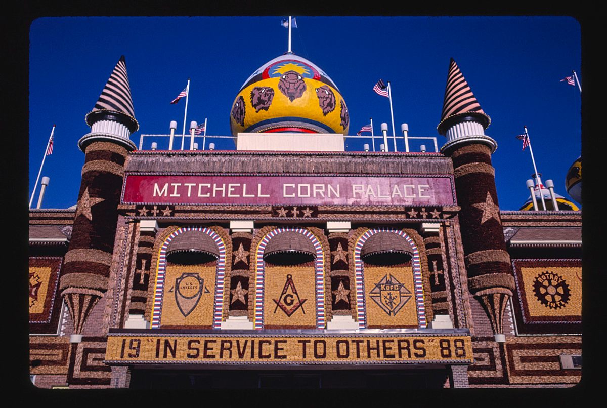 Mitchell, South Dakota's "Corn Palace" is about as gaudy as a roadside structure can be.*