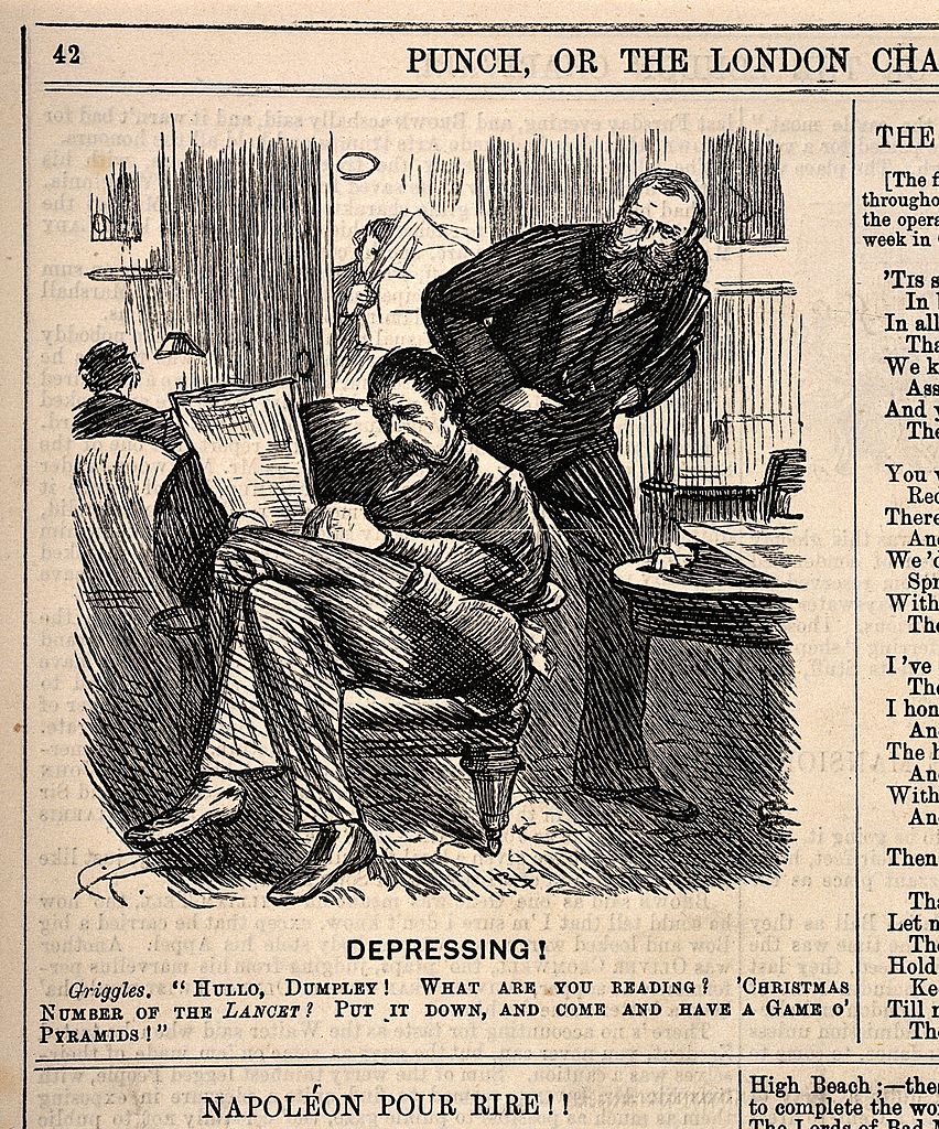 An illustration from 1883 of the scene inside a London gentleman's club.