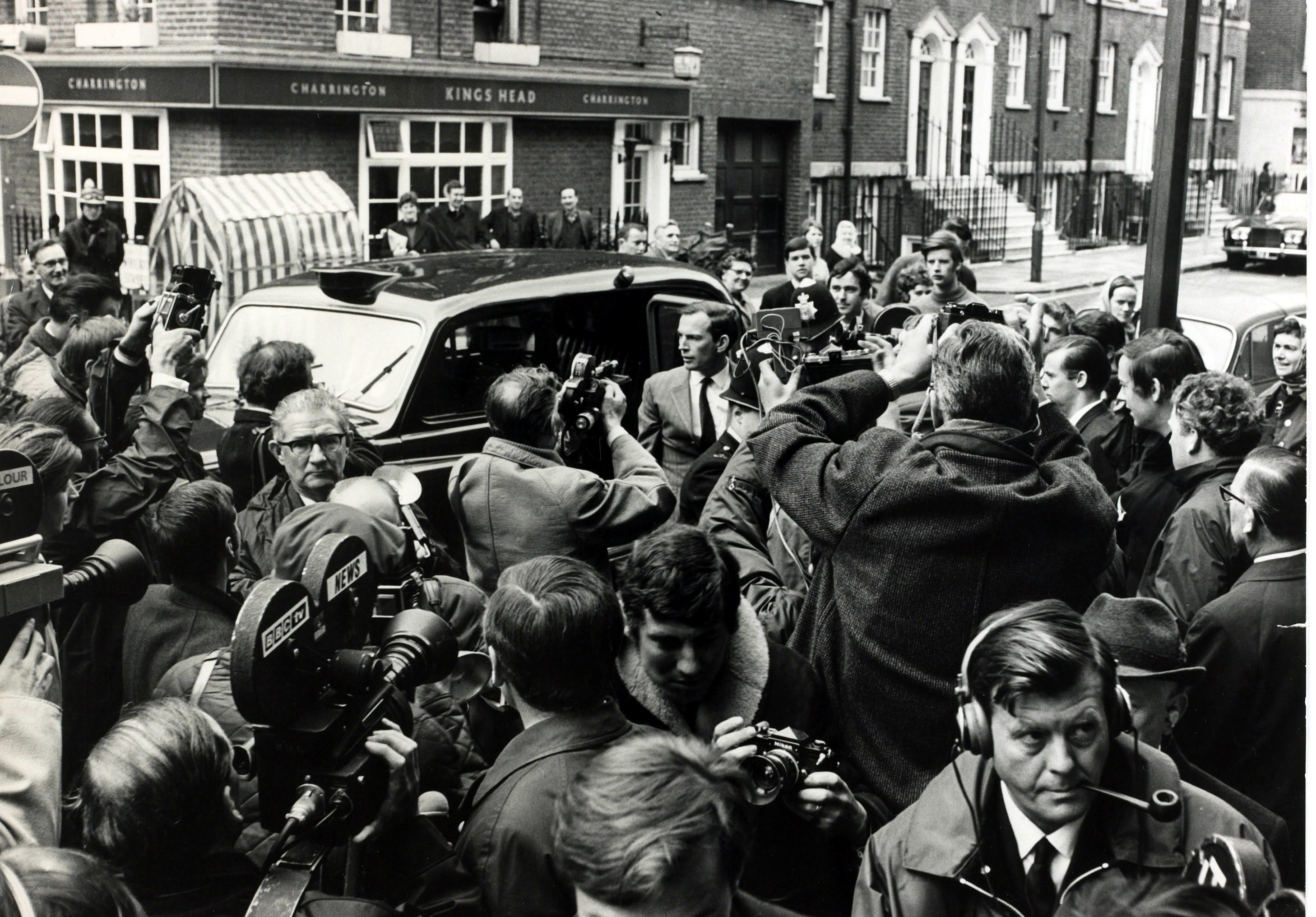 Dr. Christian Barnard arriving at the National Heart Hospital, 1968.