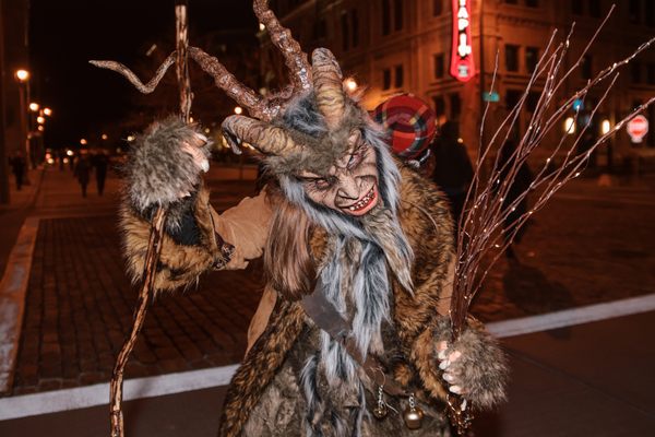 A member of the Milwaukee Krampus Eigenheit was one of dozens of furry, horned menaces swatting onlookers with switches during the annual Milwaukee Krampusnacht.
