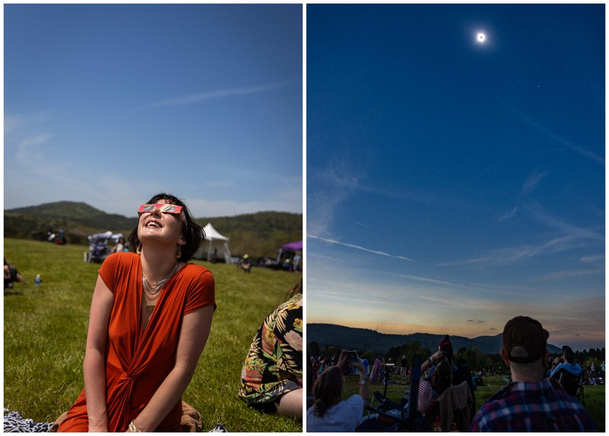 Festivalgoers watched the progress of the moon moving in front of the sun from behind eclipse glasses (left); it seemed like dusk fell during totality, beginning at about 1:50 p.m. (right).