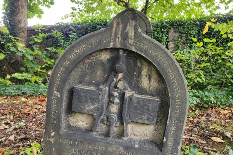 Close up of memorial stone with carving