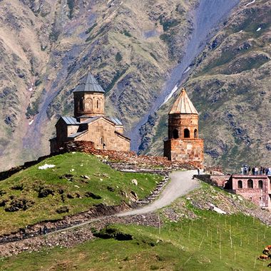 Gergeti Trinity Church against the Caucasus backdrop