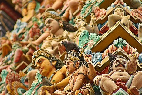 The painted and carved gopuram (temple tower)