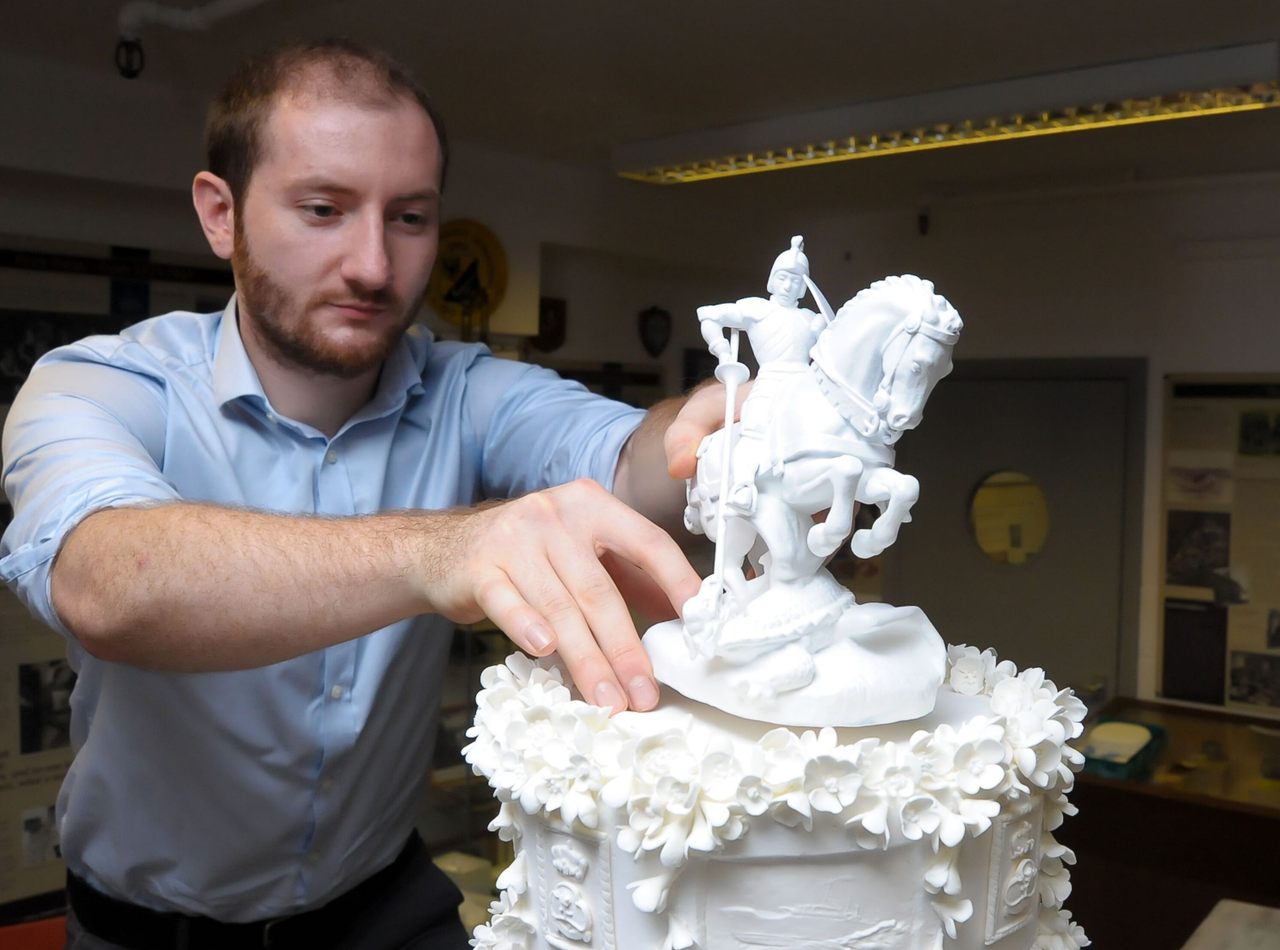 Engineers 3-D printed a sugar replica of the statue of Saint George.