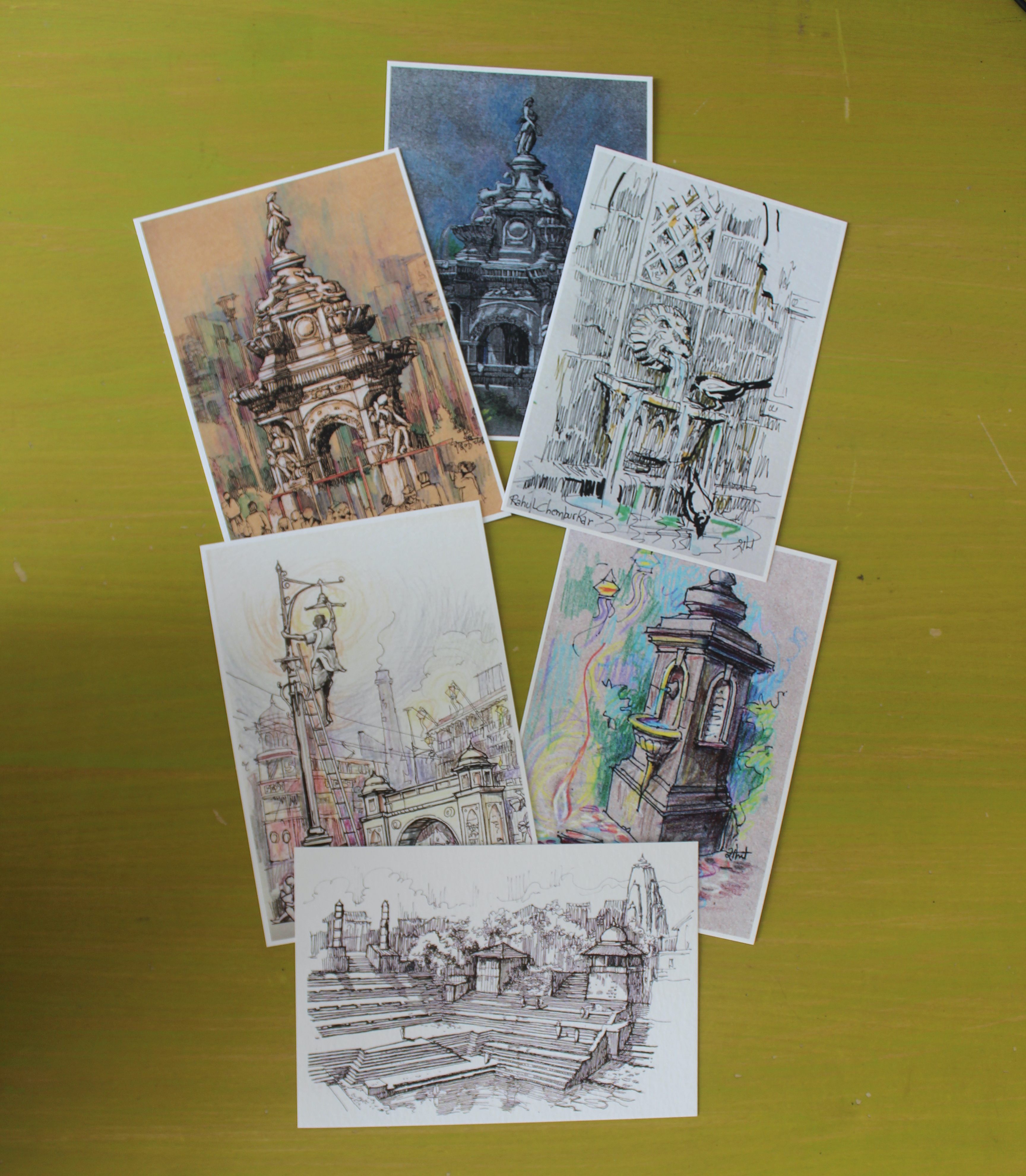 Chemburkar has created a series of hand-illustrated postcards that highlight various aspects of Mumbai's water heritage.