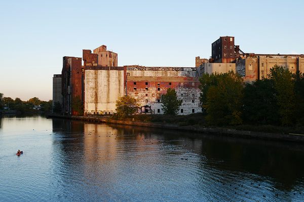 View of Silo City and Elevator Alley from the Ohio Street Lift Bridge.