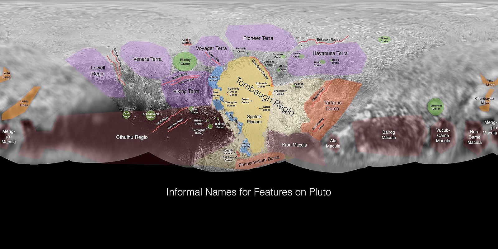 Pluto's most interesting geographical features, many of which are in and around the heart.