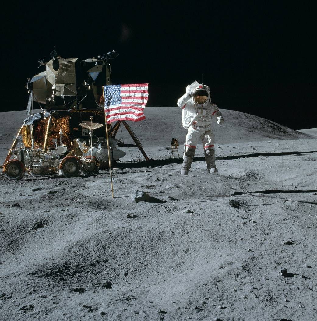 John W. Young, an <em>Apollo 16</em> astronaut, salutes on the Moon in 1972.