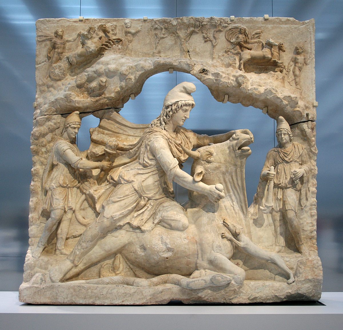 Mithraeum elements included a tauroctony, or depiction of Mithras sacrificing a bull.